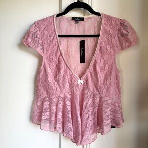 LULUS: Eliara Pink Lace Cap Sleeve Babydoll Top